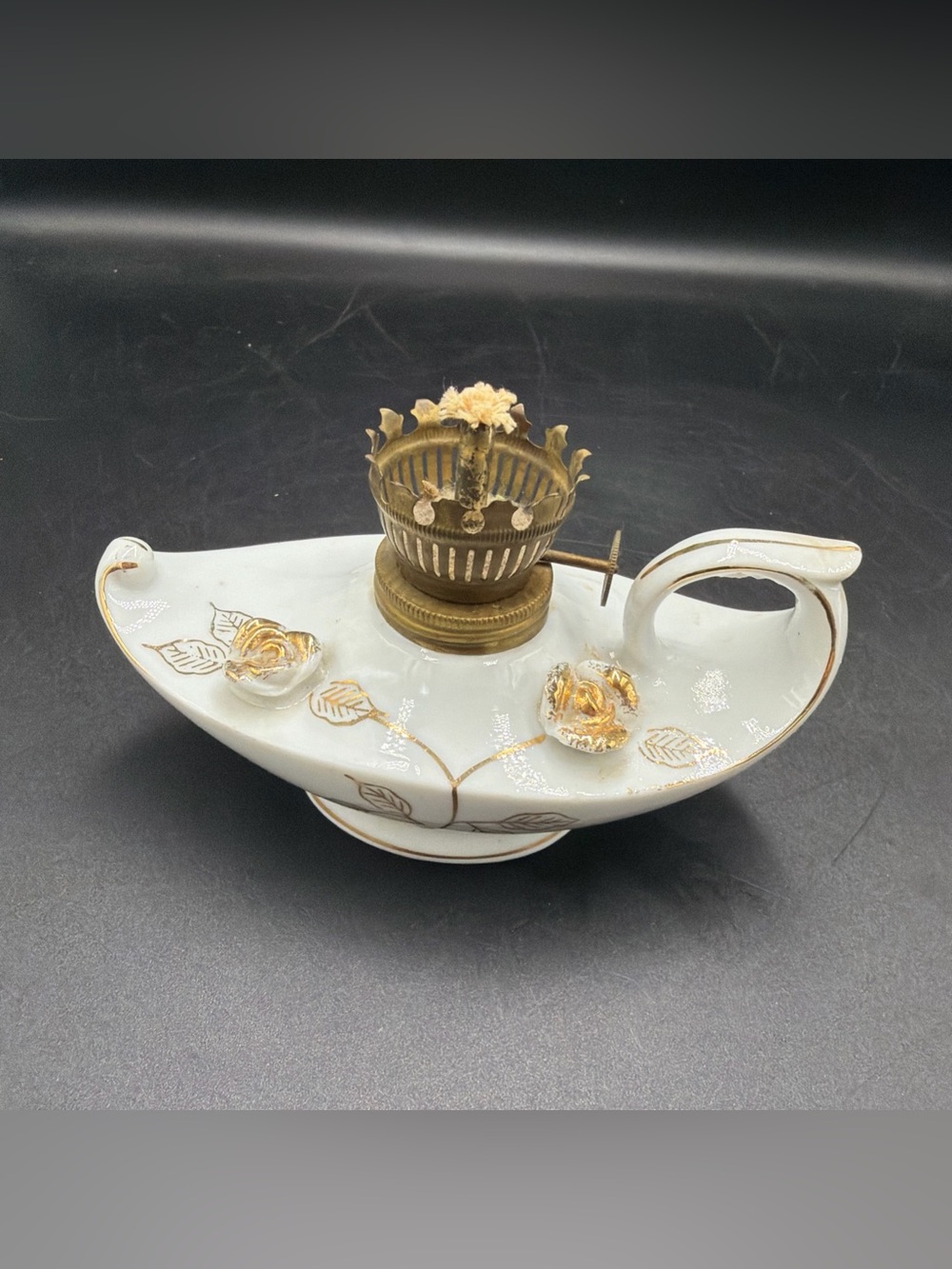 Vintage Mini 1 Handle Ceramic Porcelain Genie Oil Lamp 6 3/4" Japan Gold Trim